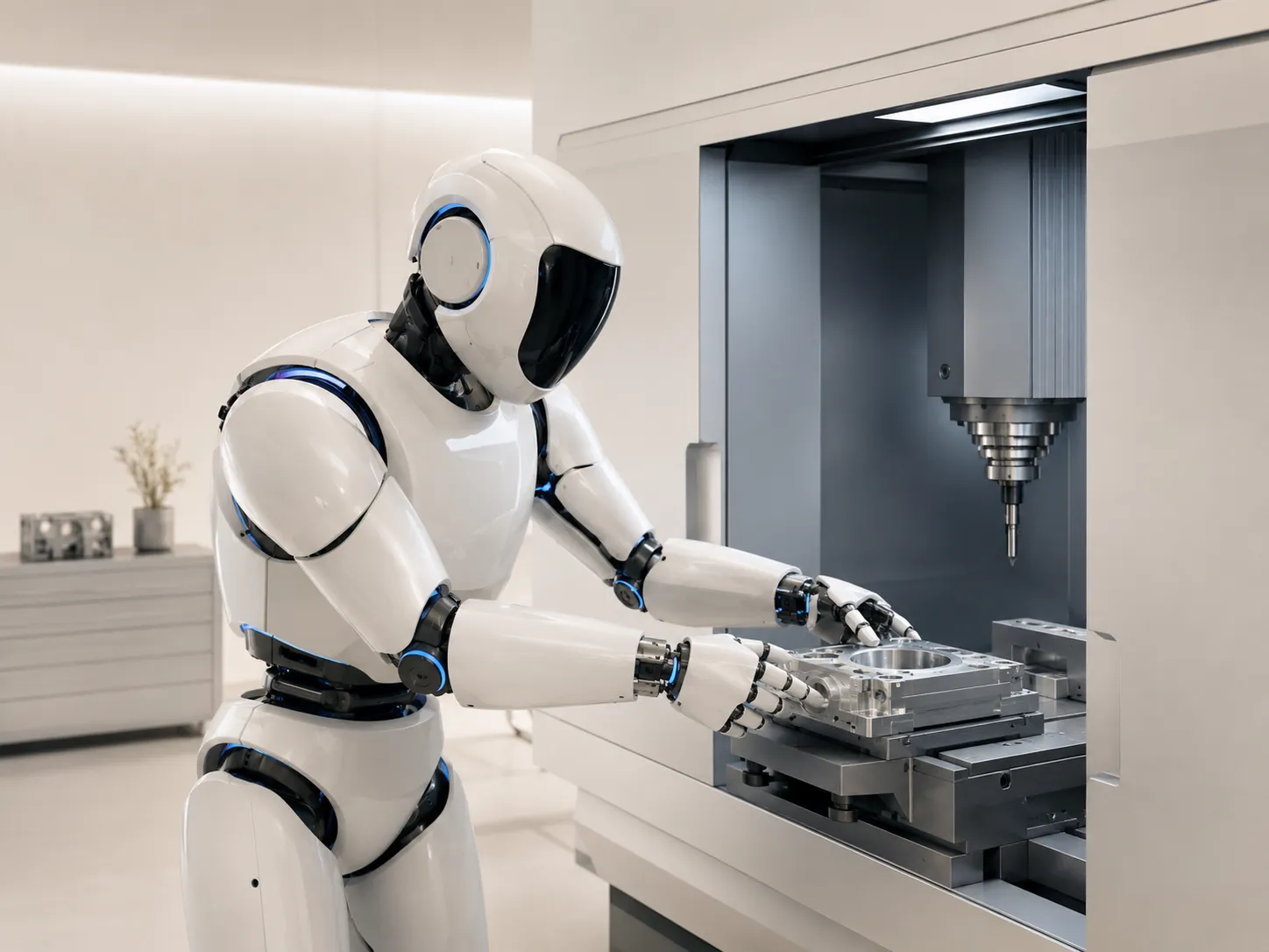 Robotarm belaadt een machine op een werkvloer